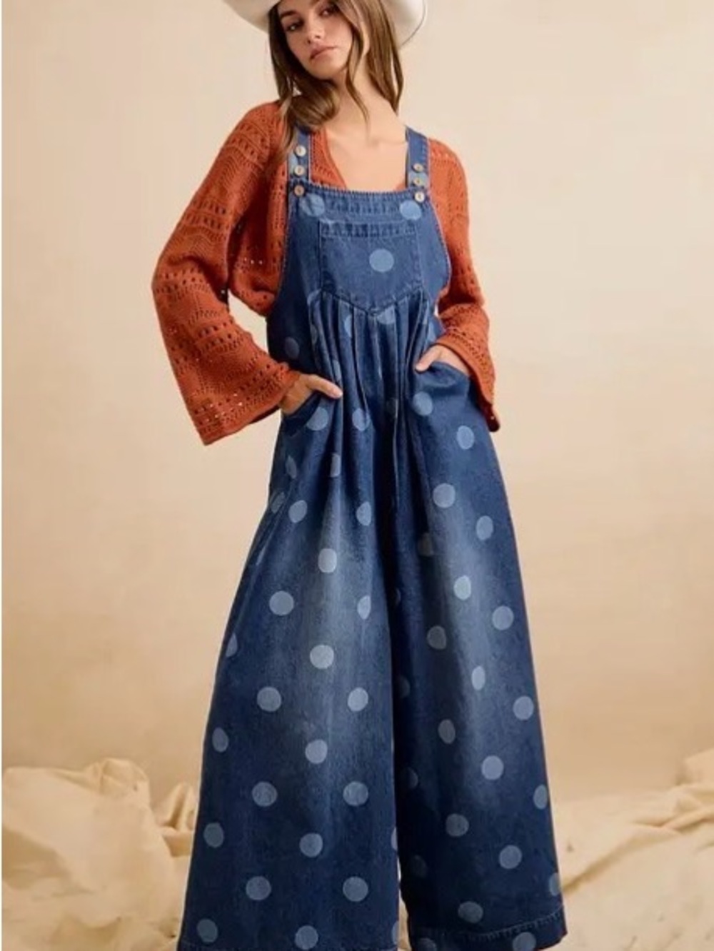 BiBi Distressed Adjustable Blue Polka Dot Wide-Leg Denim Overalls